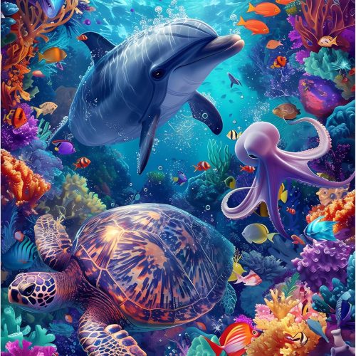 TZTTZT Diamond Art Kits for Adults, 5D DIY Full Drill Underwater Turtle Dolphin Octopus Diamond Painting Kit, 12x16 In
