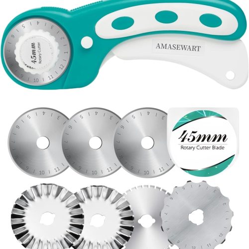 45mm Rotary Cutter for Fabric with 8pcs Rotary Blades, Rolling Fabric Cutter Crochet Edge Skip Stitch Blade Perforating Rotary Blade, Pinking Rotary Cutter for Quilting Crafts Sewing