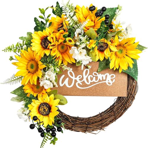 Sunflower Wreaths with Welcome Sign and Daisy Flower,15 inch Sunflower Decor Wreath for Spring Summer,All Season Farmhouse Rattan Wreaths for Front Door Indoor Outdoor Wall Porch Home Decoration
