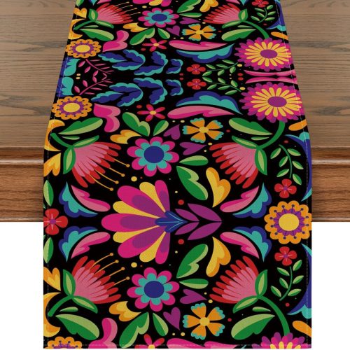 Artoid Mode Floral Dia De Los Muertos Serape Fiesta Mexican Table Runner, Mexico Day of The Dead Kitchen Dining Table Decoration for Home Party Decor 13x72 Inch