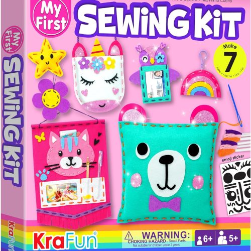 KRAFUN My First Sewing Kit for Beginner Kids Arts & Crafts, 7 Easy DIY Projects of Stuffed Animal Dolls and Plush Pillow Craft, Instructions & Felt, Gift for Girls, Boys, Learn to Sew, Embroidery