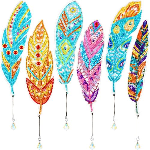 Henoyso 6 Pcs Diamond Painting Bookmarks Kits DIY 5d Feather Bookmark Rhinestone DIY Bookmarks Crystal Diamond Art Acrylic for Adult Arts Supply Crafts Gifts