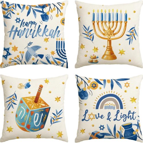 AVOIN colorlife Happy Hanukkah Menorah Dreidel Throw Pillow Covers, 18 x 18 Inch Holiday Love&Light Cushion Case for Sofa Couch Set of 4