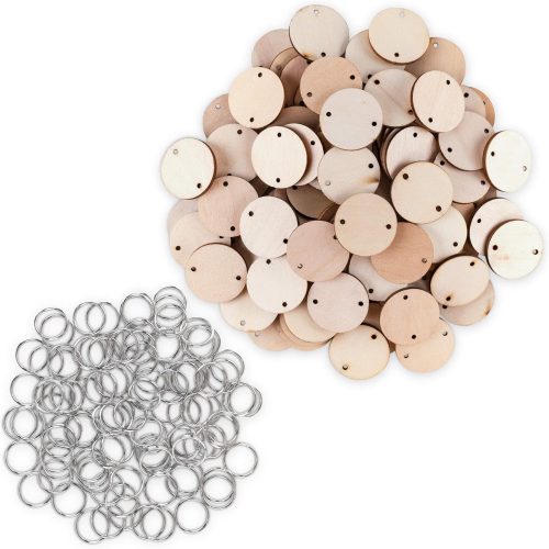 Super Z Outlet 100 Wood Rounds and 100 Key Rings Wooden Circle Discs with Holes and Ring Clips for Birthday Board Tags, Homemade DIY Gifts, Arts & Crafts (1" Inch)