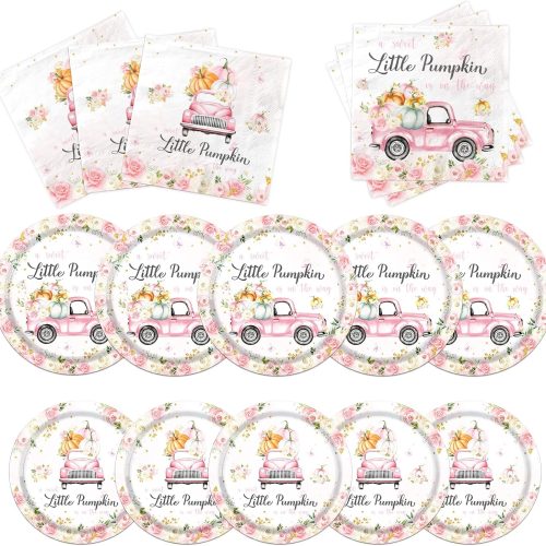 Little Pumpkin Paper Plates and Napkin Pumpkin Baby Shower Party Decorations for Girl A Little Sweet Pumpkin is On The Way Pink Floral Truck Disposable Tableware Party Supplies Favor for 25 Guests
