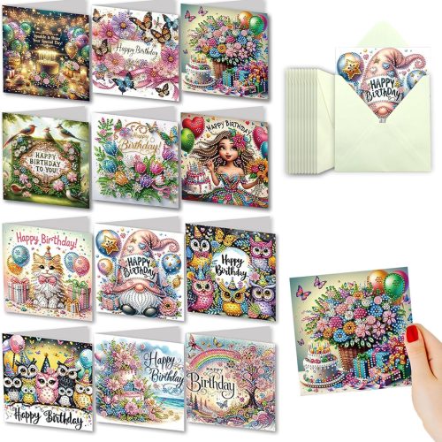 YOKUSHI 12 PCS Diamond Art Painting Birthday Greeting Cards, Fete Day Craft DIY Card Making Kits for Adults Kids Gifts (Happy Birthday)