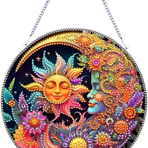 RYMILIE Diamond Art Painting Pendant Kits 5D Diamond Art Painting Art Hanging Kit Sun and Moon DIY Diamond Crystal Window Pendant Kit for Adults Gift Wall Home Decoration