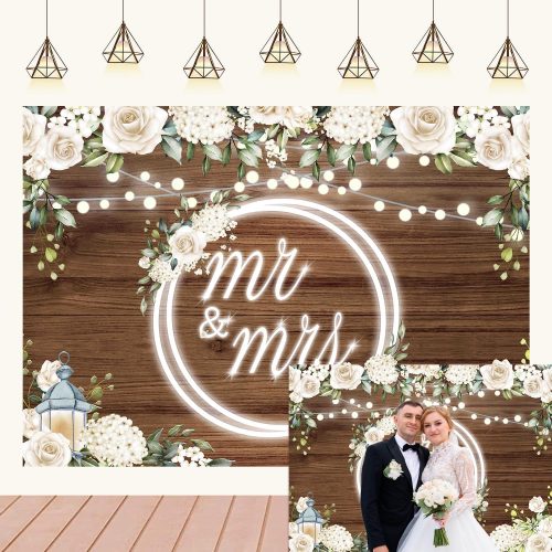 CTPD26CT_1 Mr and Mrs Wedding Backdrop Banner White Rose Floral Wooden Wall Glitter Lights Wedding Photo Backdrop for Reception Bridal Groom Engaged Ceremony Anniversary Party Decoration 7x5Ft