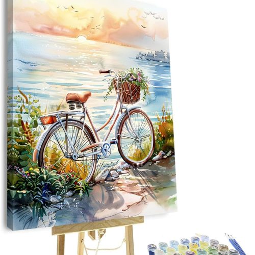 CTPN20CT_1 TUMOVO Sunset Seascape Paint by Numbers for Adults, Bicycle on The Beach Paint by Numbers for Adults Beginners, Acrylic Simple Paint by Number Canvas for Decoration 16x20 inch Framed