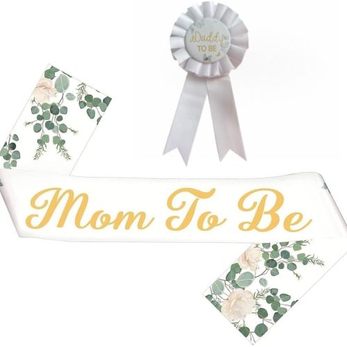 Greenery Mom to Be Sash & Daddy to Be Badge Pins for Baby Shower Gender Reveal Party Decorations Pregnant Mommy Gift