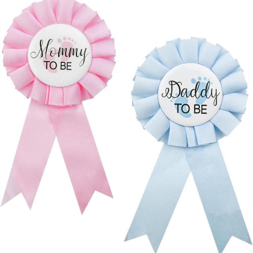 2 Pieces Daddy and Mommy To Be Tinplate Badge Pin, Celebration Gender Reveal Party Favor New Dad Mom Gifts Rosette Buttons with Ribbon Baby Shower Decorations (Pink + Blue)