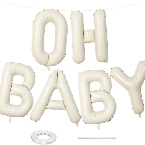 40 Inch Beige OH BABY Balloon for Baby Shower, Large Cream White Oh Baby Balloons Letters with Ribbon, Neutral Ivory Alphabet Oh Baby Balloon Banner Sign for Gender Reveal Backdrop Party Decorations
