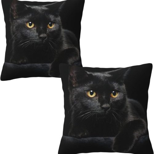 Black Cat Throw Pillow Covers Decorative Linen Pillow Cases Set of 2 Square Cushion Cover for Couch Sofa Bedroom Patio 18x18 Inch