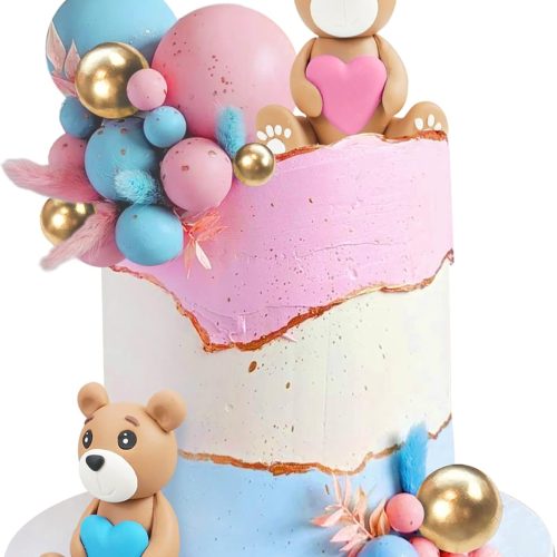 Bear Cake Toppers Bear Figurine Cake Decorations Pearl Balls For Baby Shower Gender Reveal Party Birthday Party Teddy Bear Theme Party Supplies (Blue Pink Heart)
