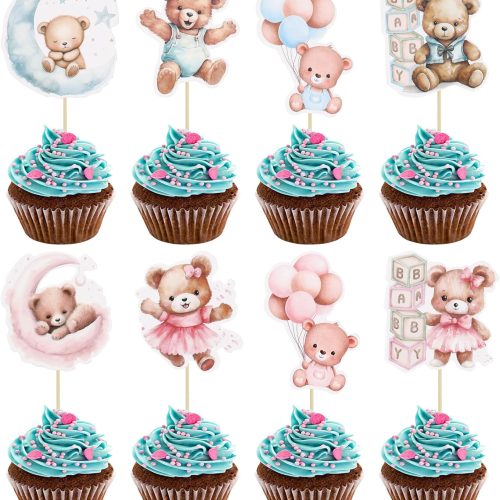 Gyufise 32Pcs Baby Shower Bear Cupcake Toppers Moon Baby Bear Baby Shower Cake Topper Decorations Jungle Animal Theme Birthday Party Cake Supplies Blue Pink