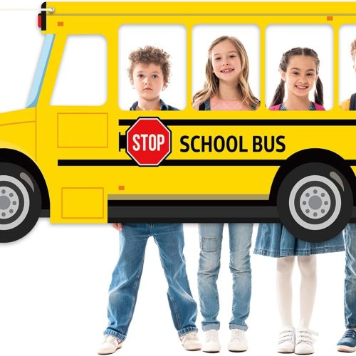 CTR250CT_1 School Bus Photo Prop Selfie Frame Back to School Backdrop Party Decoration First Day of School Photo Booth Welcome Party Banner Supplies for Students Teacher Birthday Yellow Bus Party Sign