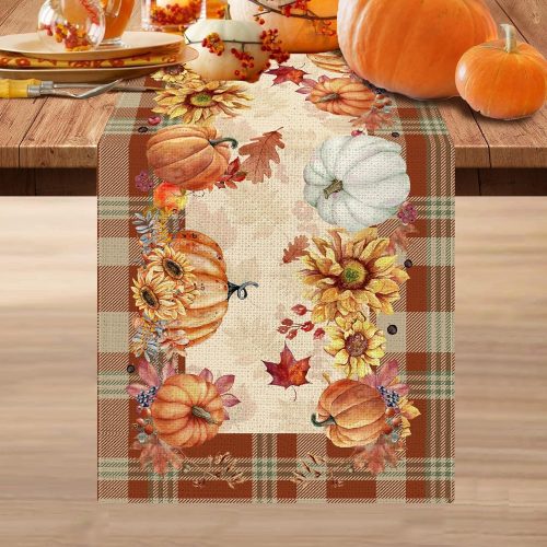 pinata Fall Table Runner, Fall Runner for Table 13 x 72 Inches Long, Autumn Pumpkin Plaid Leaves Runners for Home Kitchen Dining Decoration