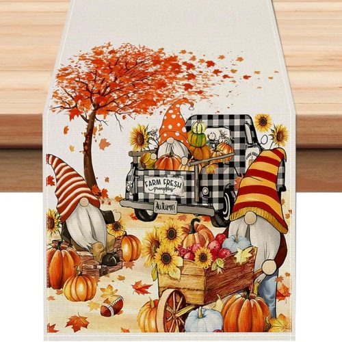 Fall Gnomes Pumpkin Table Runner 13x72 Inch Buffalo Plaid Truck Sunflower Maple Leaves Thanksgiving Seasonal Autumn Harvest Kitchen Dinning Table Decoration for Home Party Decor