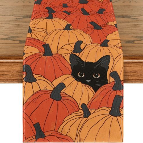 Artoid Mode Pumpkins Black Cat Fall Table Runner, Seasonal Autumn Kitchen Dining Table Decoration for Home Party Decor 13x72 Inch