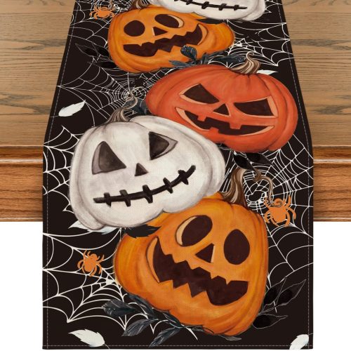 Artoid Mode Black Pumpkins Spider Web Halloween Table Runner, Seasonal Fall Kitchen Dining Table Decoration for Home Party Decor 13x72 Inch