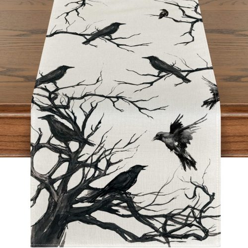 Artoid Mode Silhouette Tree Crows Halloween Table Runner, Branches Fall Kitchen Dining Table Decoration for Outdoor Home Party 13x72 Inch