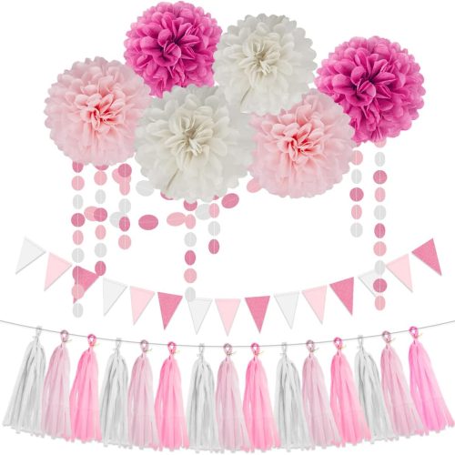 Hot Pink White Party Decorations - 23pcs Tissue Paper Flower Pom Poms Tassel Garland Pennant Banner Flags Streamers Women Girl Birthday Baby Bridal Shower Engagement Bachelorette Wedding Hanging Decor