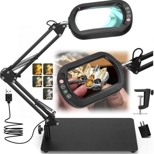 CTSQT4CT_1 Veemagni 10X Rectangle Magnifying Glass with Light and Stand, 5 Color Modes Stepless Dimmable, 2-in-1 LED Lighted Desk Lamp & Clamp, Hands Free Magnifier for Reading Crafts Repair Painting Close Work
