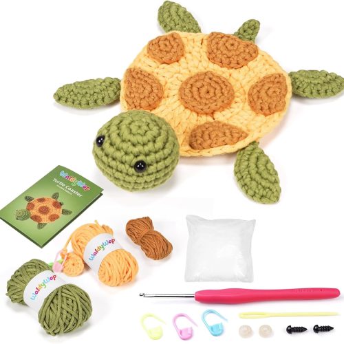 WaldyWop Crochet Kit for Beginners – Easy to Follow Tutorials, Ergonomic Hook & Tangle-Free Yarn, Complete DIY Craft Set for Girls 8-12 & Women, Stress Relief & Home Decor (Turtle Coaster)