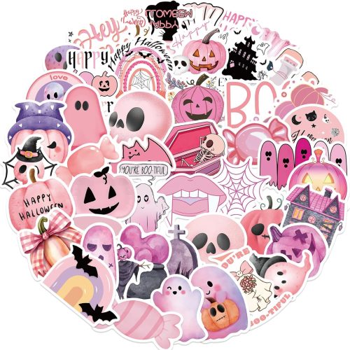 50pcs Pink Halloween Stickers,Pink Ghost and Pumpkin Sticker Kawaii Ghost Style Vinyl Waterproof Holiday Party Stickers, Kids and Youth Adult Party Favors Gifts (Ghost2)