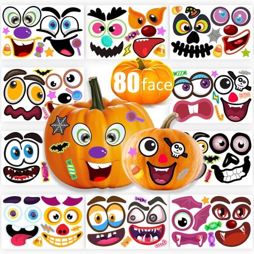 80 Packs Pumpkin Decorating Kit - Make Pumpkin Face Stickers in 20 Designs, Halloween Stickers for Kids Party Favors & Trick or Treat Supplies