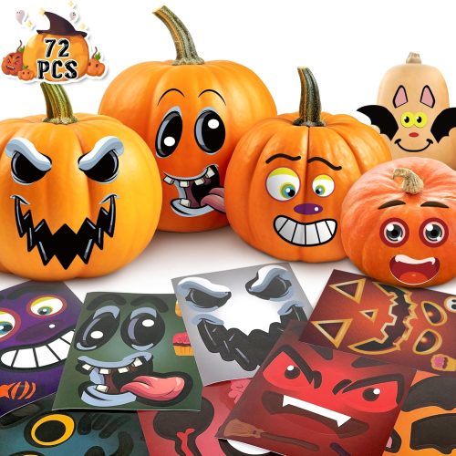 LINAYE 72 PCS Halloween Crafts Kit - Pumpkin Face Decorating Stickers, Pumpkin Decorating Kit, Halloween Games Activities Party Favors for Kids