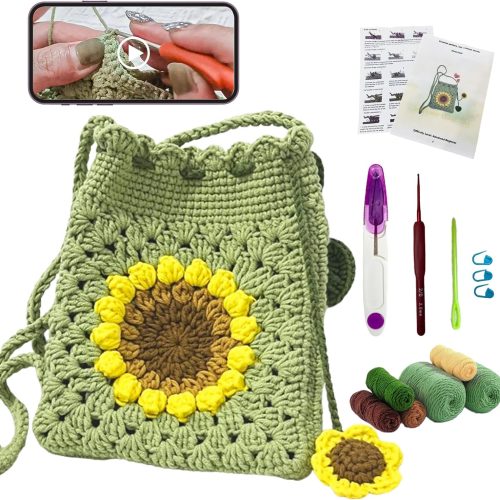 VNRGG Crochet Kit for Beginners Sunflower Bag ，Crochet Starter Kit with Video ，Tutorials and Yarns, Hook DIY Adults & Kids Knitting Supplies.(40%+ Yarn)