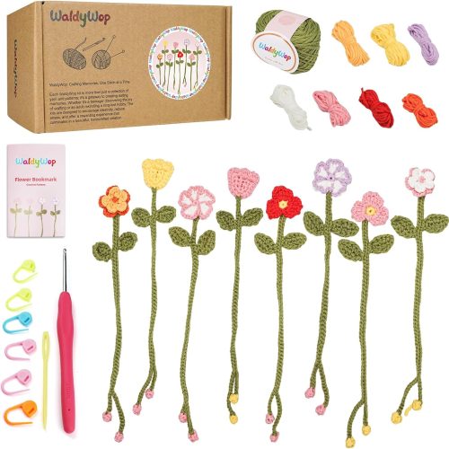 WaldyWop Crochet Kit for Beginners - 8 Flower Bookmarks Knitting Kit w/Step-by-Step Video Tutorials & Soft Yarn, Hook - Wobbles DIY Art Craft Kit for Adults Kids, Birthday Gifts for Women Girls Teen