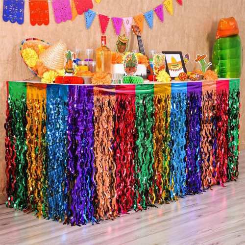 Mega-L Dia De Los Muertos Decorations, 2 Pack Wavy Metallic Tinsel Foil Fringe Table Skirts, Fiesta Party Decorations Mexican Themed Decors Mexican Cinco de Mayo Taco Birthday Party Table Bar Decor