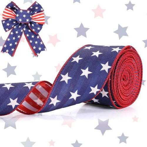 Blue and White Ribbon, Double-Faced Patriotic White Star Blue Ribbon Wired for 4th of July Independence Day Memorial Day Decor Party Wreath Bows Making DIY Crafts Wrapping, 10 Yds x 2.5in