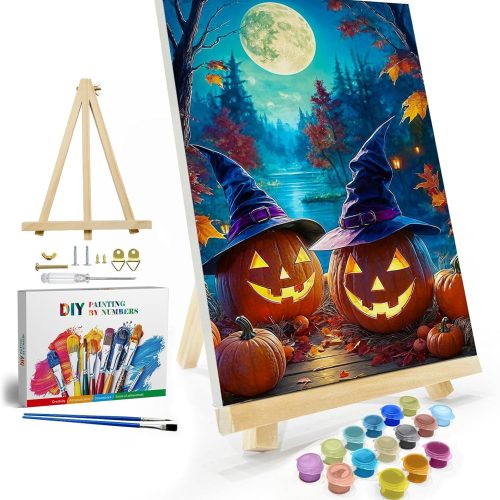 JOOZ Halloween Paint by Numbers Kit for Adults with Frame, Moon Pumpkin Paint by Number with Easel, DIY Halloween Framed Paint by Number Kits for Home Wall Decor 8x12 Inch