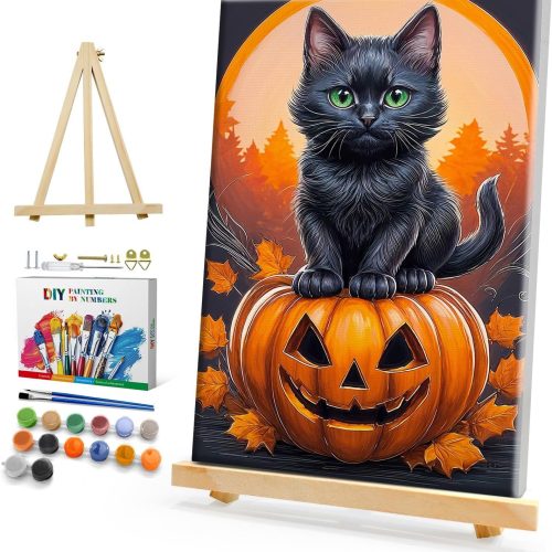HeeBenor Halloween Paint by Numbers Kit for Adults with Frame, Black Cat Pumpkin Paint by Number with Easel, DIY Halloween Adult Paint by Number Kits on Canvas Framed 8x12 Inch for Home Wall Decor