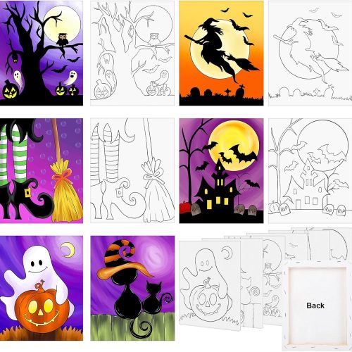 COCHIE 6 Pack 8x10 Inches Halloween Pre Drawn Canvas to Paint for Sip and Paint Party, Jack-O-Lantern Pre Printed Canvases, Ghost Bat Witch Pre Sketched Canvas for Painting for Adults, Kids