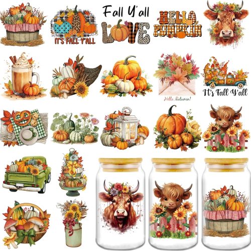 AFRITEE Transfer Cup Wraps Decal - 20 Sheets Brown Highland Cow UV DTF Cup Wraps for 16 oz Glass Mug, Thanksgiving Fall Harvest Pumpkin Gnome Rub on Transfer Stickers Decal for Furniture Decoration