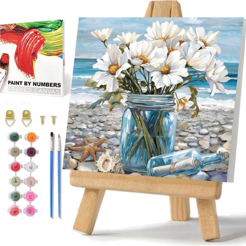Flowers Paint by Numbers Kit for Adults Beginner, Daisy Paint by Numbers with Frame and Easel, Flower DIY Crafts Painting by Number for Gift Home Wall Decor 9.84x9.84 inch