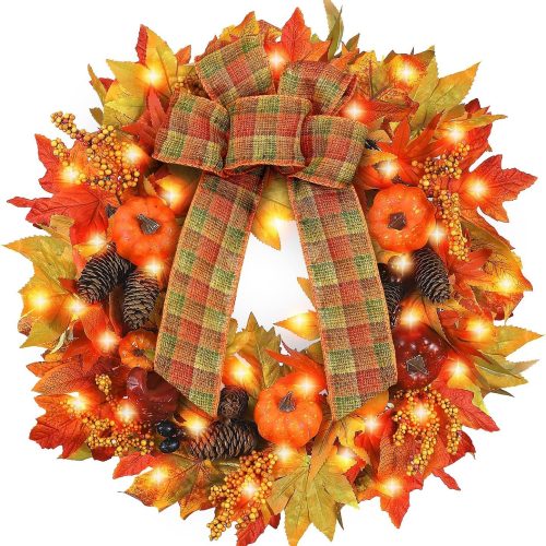Heflashor Fall Door Wreaths with Lights, 24 inch Large Farmhouse Pumpkin Wreath with Bow for Autumn Wreaths for Front Door Outside Table Centerpiece Thanksgiving Harvest Decor