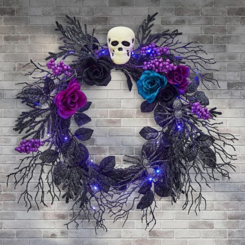 Halloween Skull Wreath for Front Door with Lights, 20 Inch Pre-Lit Black Purple Rose Spider, Gothic Garland Creepy Decor for Home Wall Porch Outdoor Indoor