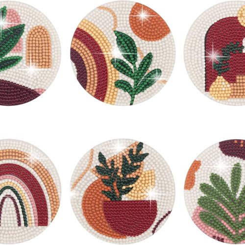 Temlum 6 Pcs Diamond Painting Coasters Kit, Abstract Plant Diamond Art Coasters for Beginners, Adults Small Diamond Painting Kit Art Craft Supplies