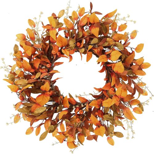 Sggvecsy Artificial Fall Wreath 21’’ Autumn Front Door Wreath with Fall Leaves Small Pumpkins Cluster of Berries for Outside Indoor Wall Window Festival Thanksgiving Fall Harvest Autumn Decor