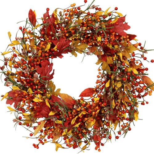 Full and Lush Fall/Autumn Door Wreath 20 inch, Handcrafted Fall Decor with Vibrant Leaves and Berries, Durable and Realistic, Perfect for Front Doors and Walls Indoor Outdoor