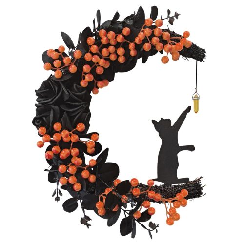 CTZ156CT_1 Spooky Halloween Wreath - 2025 New Black Cat Moon Door Decor with Lights for Indoor Outdoor Party Wall, Unique Crescent Moon Wreath Design, Perfect Halloween Decorations for Front Door (Orange)