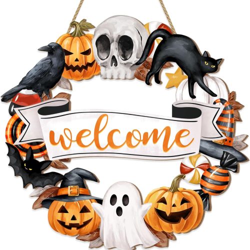 Halloween Wood Wreath Ghost Black Cat Pumpkin Skull Door Hanging Sign Decorations, Rustic Spooky Halloween Welcome Wooden Signs for Front Door Hanger Home Decor Party Supplies