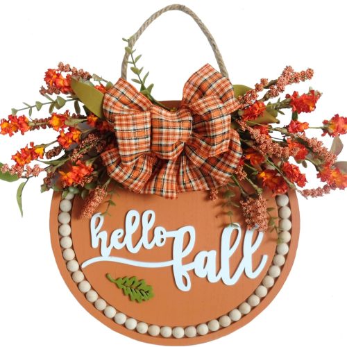 idyllic Welcome Sign for Front Door Wreath，18 Inch fall Wreath Farmhouse Wood Beads Door Sign for Front Door Porch Decor with Pumpkin, Berry & Buffalo Bow