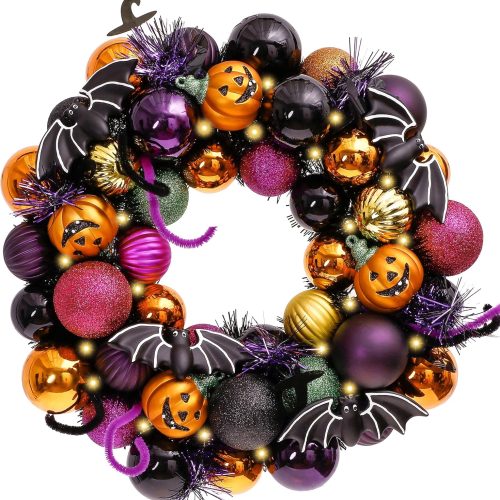 Valery Madelyn Halloween Decorations Indoor for Home, Pre-Lit Pumpkin Ball Wreath with 60ct Shatterproof Treat-or-Trick Ornaments for Centerpiece Wall Front Door, 12 Inch