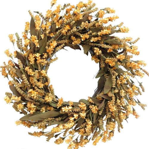 TEMPUS 20" Artificial Mustard Flower String Wreath Fall Mustard Harvest Wreath Fall Leaves Grain Wreath Front Door Wall Decoration Fall Harvest Thanksgiving Home Decor